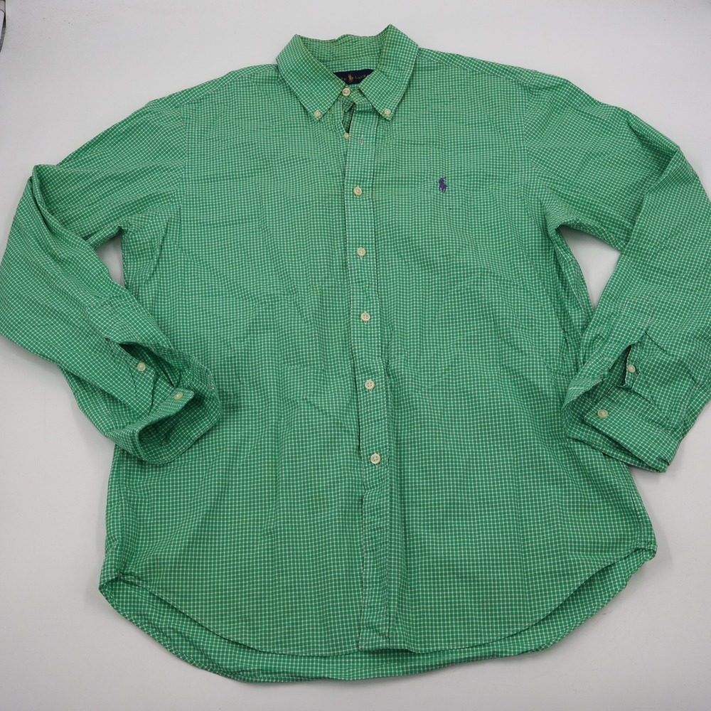 Ralph Lauren Button Down Shirt Mens L Green Gingham Plaid Cotton Long Sleeve
